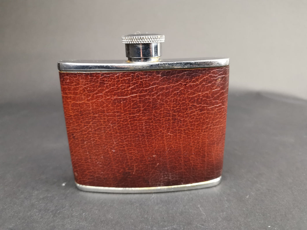 Vintage Hip Flask Bottle Brown Leather Montana Calf Skin and Silver Chrome Metal 1950's Mid Century Made in England 4oz