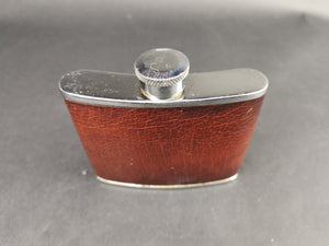 Vintage Hip Flask Bottle Brown Leather Montana Calf Skin and Silver Chrome Metal 1950's Mid Century Made in England 4oz