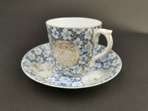 Antique Japanese Teacup and Saucer Set Egg Shell Tea Cup Asian Oriental Porcelain Blue and White with Gold Details
