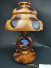 Load image into Gallery viewer, Vintage Mushroom Table Lamp Rare Wood Wooden Carved Mid Century with Ships Wheel and Butterfly Wings Art Inside Wheel 1950&#39;s Original
