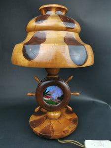 Vintage Mushroom Table Lamp Rare Wood Wooden Carved Mid Century with Ships Wheel and Butterfly Wings Art Inside Wheel 1950's Original