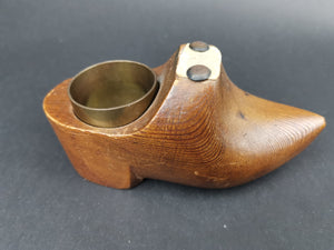 Antique Match Holder and Striker Carved Wood Miniature Dutch Clog Shoe Early 1900's Original Wooden Brass Hand Made