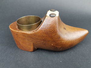 Antique Match Holder and Striker Carved Wood Miniature Dutch Clog Shoe Early 1900's Original Wooden Brass Hand Made