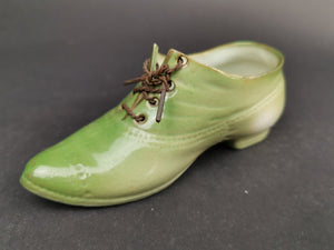 Vintage Miniature Shoe Figurine with Braided Metal Wire Laces Ceramic Bisque Porcelain Green Early 1900's
