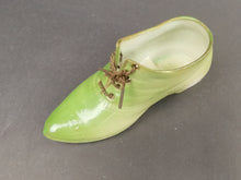Load image into Gallery viewer, Vintage Miniature Shoe Figurine with Braided Metal Wire Laces Ceramic Bisque Porcelain Green Early 1900&#39;s
