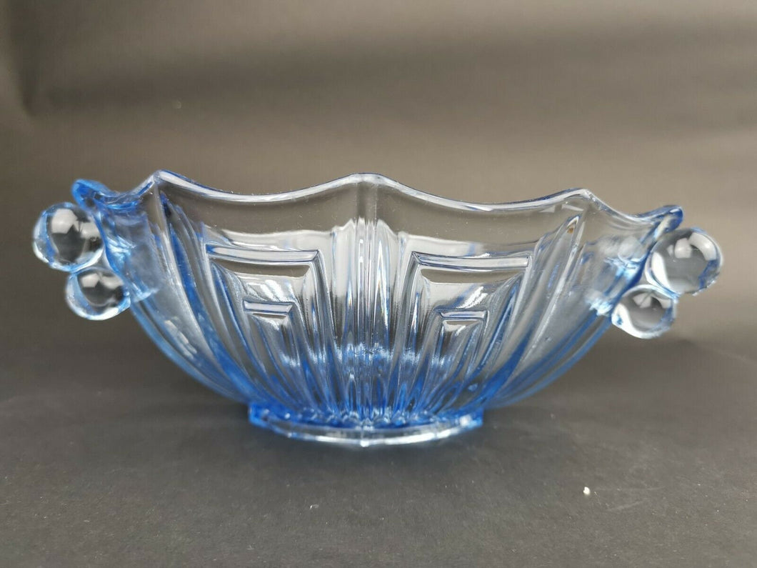 Vintage Blue Depression Glass Bowl Art Deco 1920's - 1930's Original with Bubble Side Handles