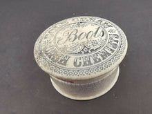 Load image into Gallery viewer, Antique Boots Chemist Pharmacy Cold Cream Pot Jar with Top Lid Ceramic Pottery 1890&#39;s Victorian Original White with Black Writing
