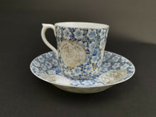 Load image into Gallery viewer, Antique Japanese Teacup and Saucer Set Egg Shell Tea Cup Asian Oriental Porcelain Blue and White with Gold Details
