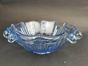 Vintage Blue Depression Glass Bowl Art Deco 1920's - 1930's Original with Bubble Side Handles
