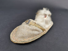 Load image into Gallery viewer, Vintage Tape Measure Measuring Tool Novelty Miniature Furry Cat Kitten or Dog in a Slipper Shoe Early 1900&#39;s Original
