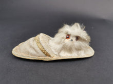 Load image into Gallery viewer, Vintage Tape Measure Measuring Tool Novelty Miniature Furry Cat Kitten or Dog in a Slipper Shoe Early 1900&#39;s Original
