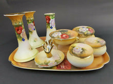 Load image into Gallery viewer, Vintage Vanity Set Noritake Japanese Porcelain 9 Piece Set Tray Ring Holder Powder Jar Trinket Box Vase Hair Tidy Candlestick Holders
