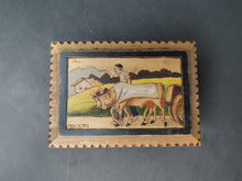 Load image into Gallery viewer, Vintage Hand Made Wooden Jewelry or Trinket Box Russian Hand Carved Painted Pyrography Farmer with Cows Landscape Signed
