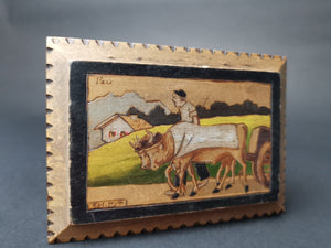 Vintage Hand Made Wooden Jewelry or Trinket Box Russian Hand Carved Painted Pyrography Farmer with Cows Landscape Signed