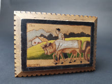 Load image into Gallery viewer, Vintage Hand Made Wooden Jewelry or Trinket Box Russian Hand Carved Painted Pyrography Farmer with Cows Landscape Signed
