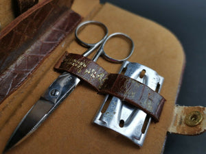 Vintage Gillette Shaving Razor and Accessories Travel Kit in Brown Leather and Gold Metal Fitted Case 1920's Art Deco