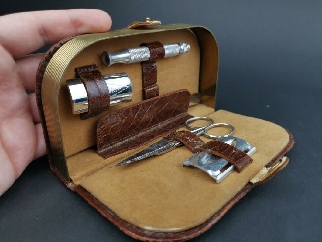 Vintage Gillette Shaving Razor and Accessories Travel Kit in Brown Leather and Gold Metal Fitted Case 1920's Art Deco