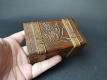 Load image into Gallery viewer, Antique Swiss Black Forest Wooden Puzzle Trick Box for Jewelry or Trinkets Novelty Travel Trunk Case Luggage Shaped Carved Wood
