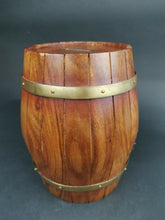 Load image into Gallery viewer, Vintage Piggy Bank Money Box Whisky Cask Barrel Keg Shaped Novelty Wood and Brass Metal Wooden Hand Made Original
