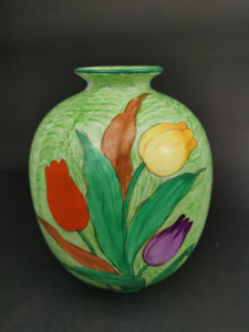 Vintage Tulip Flower Vase Ceramic Pottery J H Weatherby Made in England Hand Painted with Multi Colored Tulips Art Deco