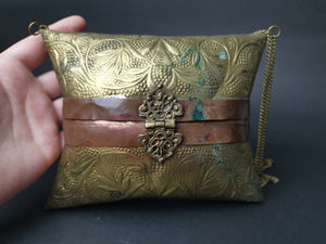 Vintage Gold Brass and Copper Metal Shoulder Bag Purse Hand Hammered Ornate Lined with Red Velvet and Chain Link Strap