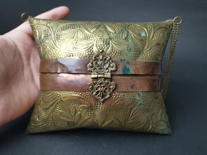 Vintage Gold Brass and Copper Metal Shoulder Bag Purse Hand Hammered Ornate Lined with Red Velvet and Chain Link Strap