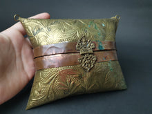 Load image into Gallery viewer, Vintage Gold Brass and Copper Metal Shoulder Bag Purse Hand Hammered Ornate Lined with Red Velvet and Chain Link Strap
