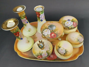Vintage Vanity Set Noritake Japanese Porcelain 9 Piece Set Tray Ring Holder Powder Jar Trinket Box Vase Hair Tidy Candlestick Holders