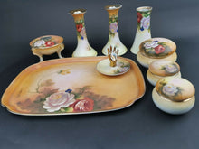 Load image into Gallery viewer, Vintage Vanity Set Noritake Japanese Porcelain 9 Piece Set Tray Ring Holder Powder Jar Trinket Box Vase Hair Tidy Candlestick Holders
