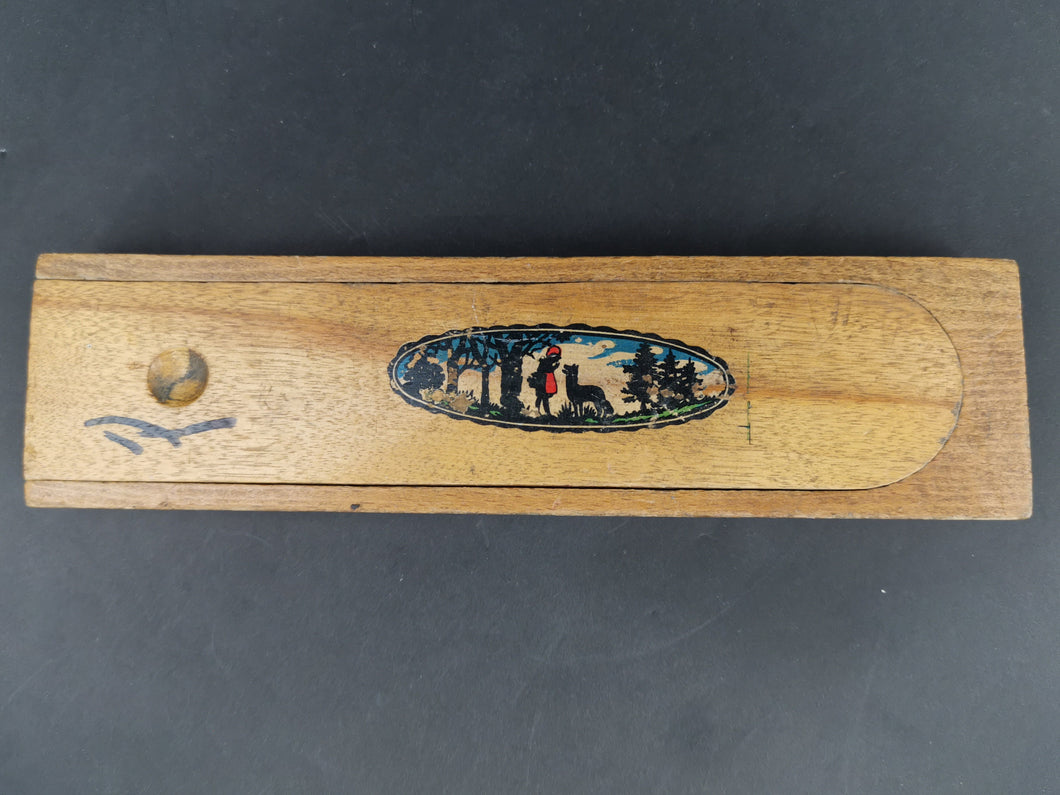 Vintage Wooden Slide Top Pencil Storage Box with Little Red Riding Hood and Wolf on Top Wood 1920's with Measuring Ruler on Side