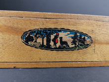 Load image into Gallery viewer, Vintage Wooden Slide Top Pencil Storage Box with Little Red Riding Hood and Wolf on Top Wood 1920&#39;s with Measuring Ruler on Side

