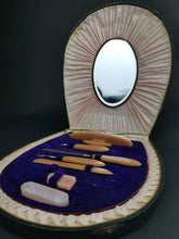 Load image into Gallery viewer, Vintage Manicure Tool Set in Original Case Box Art Deco Bakelite in Fitted Case Purple Velvet and Pink Silk Lined with Vanity Mirror Inside
