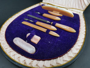 Vintage Manicure Tool Set in Original Case Box Art Deco Bakelite in Fitted Case Purple Velvet and Pink Silk Lined with Vanity Mirror Inside