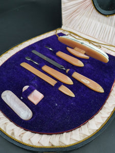 Vintage Manicure Tool Set in Original Case Box Art Deco Bakelite in Fitted Case Purple Velvet and Pink Silk Lined with Vanity Mirror Inside