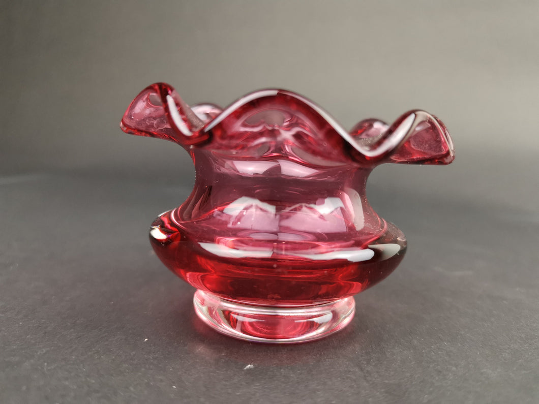 Antique Pink Cranberry Glass Bowl Vase with Scalloped Ruffle Edges