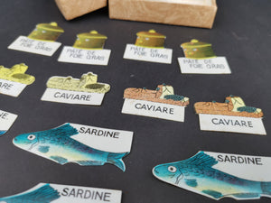 Vintage Celluloid Food Tag Labels Signs Set of 12 Caviar Sardine Pate de Foie Gras French