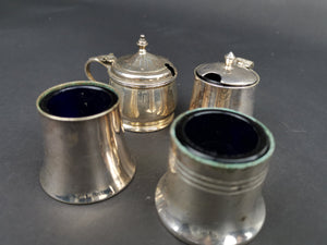 Vintage Cruet Set Mustard Salt Pepper Jar Pots Cellar Silver Plated with Cobalt Blue Glass Inserts EPNS Sheffield England British Set of 4