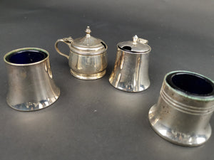 Vintage Cruet Set Mustard Salt Pepper Jar Pots Cellar Silver Plated with Cobalt Blue Glass Inserts EPNS Sheffield England British Set of 4