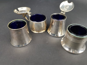 Vintage Cruet Set Mustard Salt Pepper Jar Pots Cellar Silver Plated with Cobalt Blue Glass Inserts EPNS Sheffield England British Set of 4