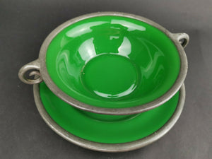 Antique Bowl and Plate Emerald Green Glass and Silver Pewter Metal Late 1800's - Early 1900's Original Hand Made