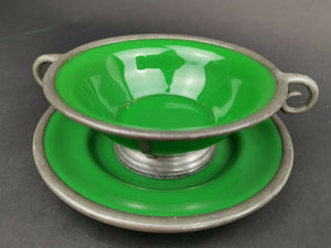 Antique Bowl and Plate Emerald Green Glass and Silver Pewter Metal Late 1800's - Early 1900's Original Hand Made