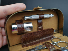 Load image into Gallery viewer, Vintage Gillette Shaving Razor and Accessories Travel Kit in Brown Leather and Gold Metal Fitted Case 1920&#39;s Art Deco
