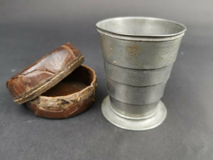 Antique Collapsible Folding Travel Cup in Brown Leather Case Telescopic Late 1800's - Early 1900's Original