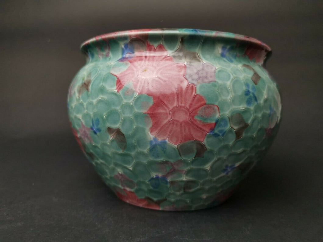 Vintage Ceramic Pottery Planter Plant Pot Pink Blue and Green with Flowers