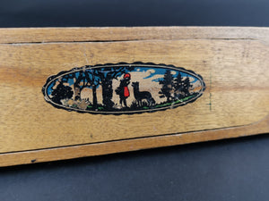 Vintage Wooden Slide Top Pencil Storage Box with Little Red Riding Hood and Wolf on Top Wood 1920's with Measuring Ruler on Side