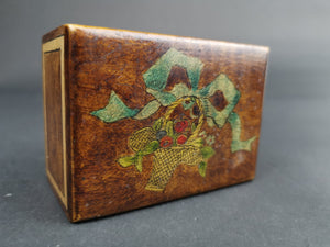 Antique Wooden Trinket or Jewelry Box Treen Wood Early 1900's Original Hand Painted with Basket of Fruit and Bow
