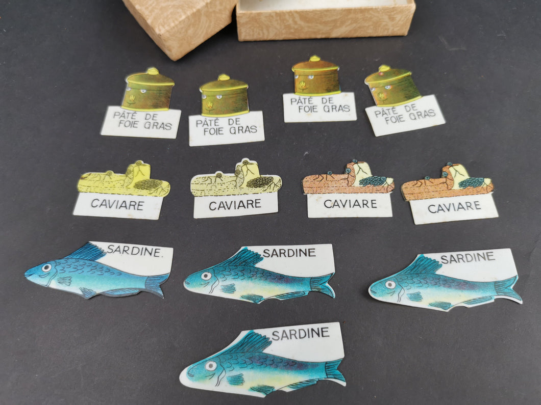 Vintage Celluloid Food Tag Labels Signs Set of 12 Caviar Sardine Pate de Foie Gras French