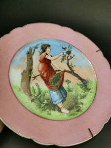 Antique Collectors Plate Art Nouveau Lady and Bird in Forest Decorative Ceramic Porcelain Pottery Victorian Late 1800's Original