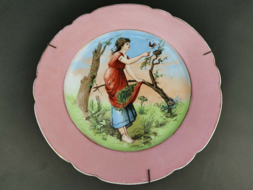 Antique Collectors Plate Art Nouveau Lady and Bird in Forest Decorative Ceramic Porcelain Pottery Victorian Late 1800's Original