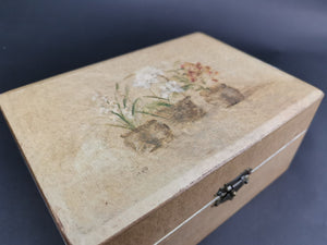 Vintage Jewelry or Trinket Box with Flowers in Planters on Top Wood and Canvas with Brass Closure